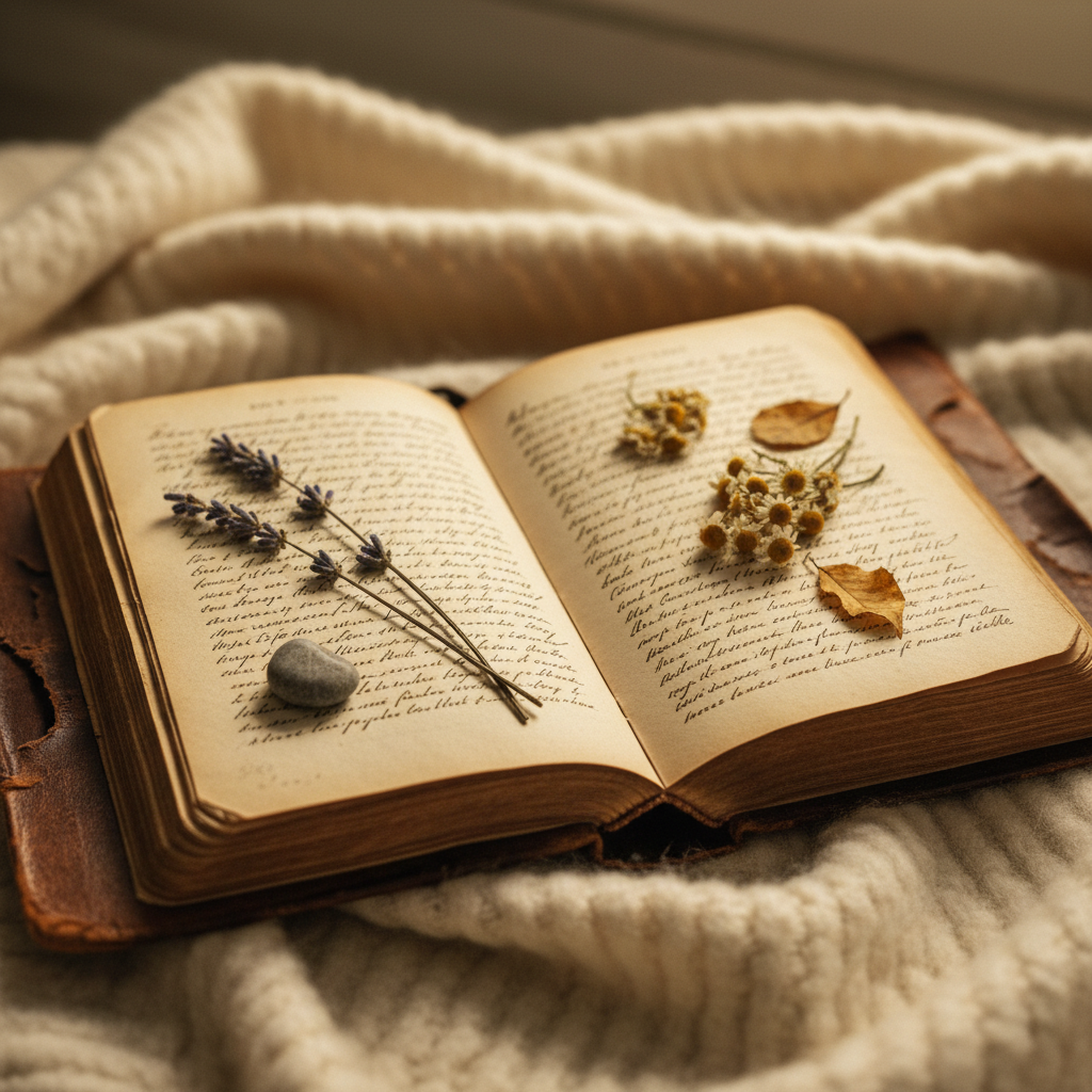 A close-up of an open, weathered journal or book resting on a soft surface, pages slightly worn and curled at the edges, with soft warm light falling across it. Perhaps a few dried botanicals or a small stone resting on the open pages. No people, no hands, no body parts. The mood is deep intimacy and quiet revelation — the feeling of being fully known and seen. Muted warm tones, creamy whites and soft browns, fine art photography, shallow depth of field.