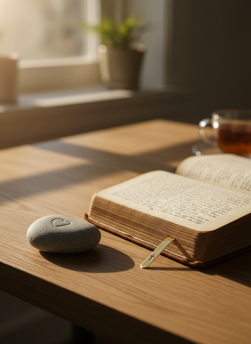 A well-worn, leather-bound journal lies open on a simple oak table, its cream-colored pages filled with faint, handwritten reflections that are just out of focus. Beside it rests a smooth river stone engraved with a small heart-shaped indentation and a thin gold bookmark peeking out from under the pages. Soft morning sunlight filters through an unseen window, washing the scene in a gentle, warm glow and casting delicate shadows across the grain of the wood. Photographic realism, shot at eye level with a shallow depth of field, keeps the journal in crisp focus while the background fades into a soft bokeh, creating a serene, intimate atmosphere of quiet faith, spiritual reflection, and being fully known and loved.