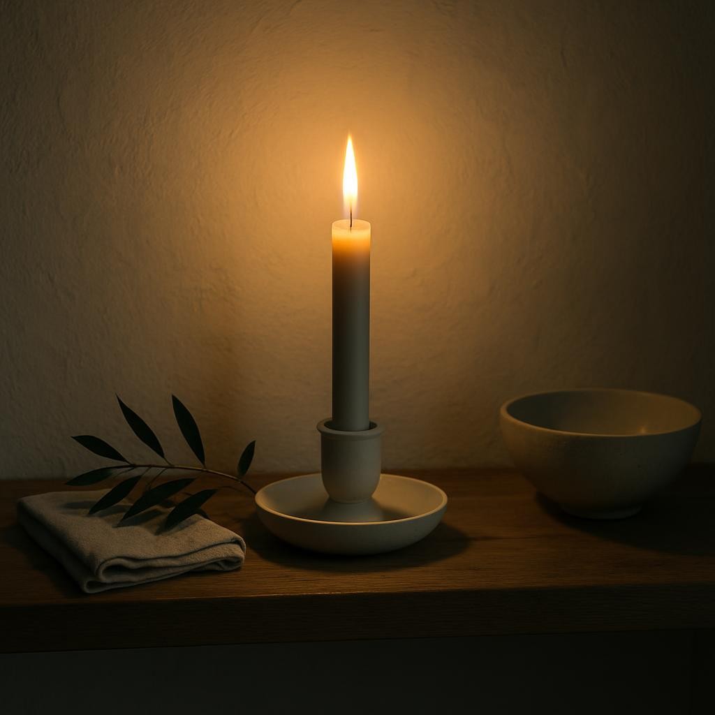 A single lit candle in a matte white ceramic holder stands at the center of a minimalist wooden shelf, surrounded by a few carefully placed natural objects: a small olive branch, a folded linen cloth, and a smooth ceramic bowl. The flame flickers softly, illuminating the gentle texture of the wall behind it and creating a halo of warm light that contrasts with the cool, dim room. Photographic realism with a slightly elevated angle, using dramatic side lighting that casts long, peaceful shadows. The composition follows the rule of thirds, evoking a sophisticated, contemplative mood that subtly suggests God’s steady presence and quiet encouragement in the midst of everyday life.