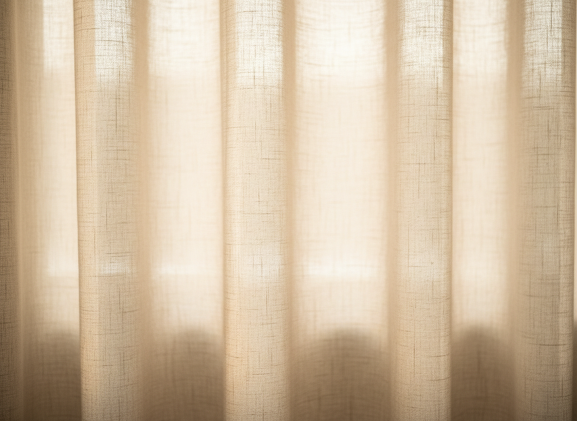 Soft, serene morning light filtering through sheer linen curtains