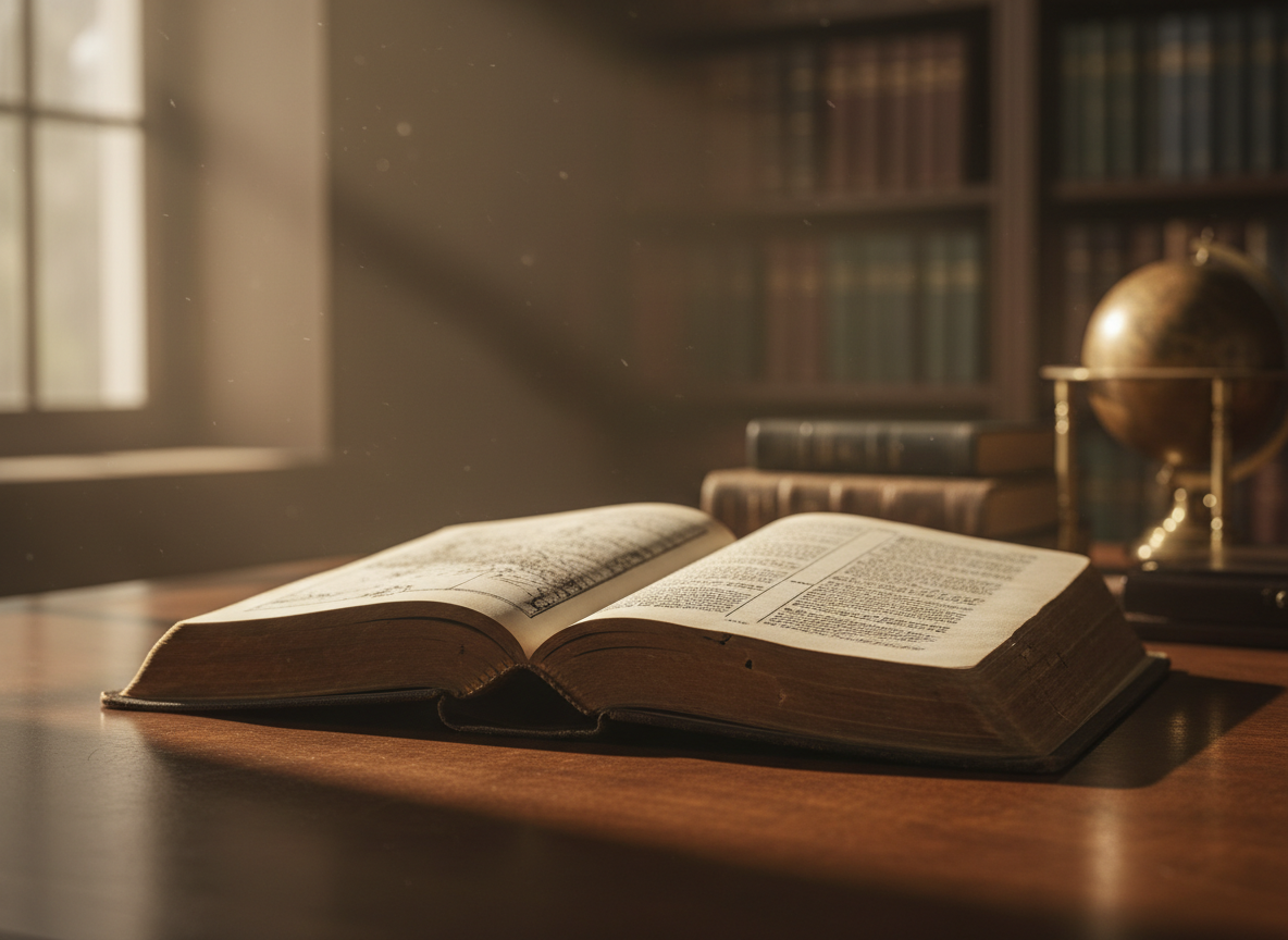 A sophisticated, muted still life of an open antique leather-bound Bible resting on a dark wooden library desk in warm side lighting
