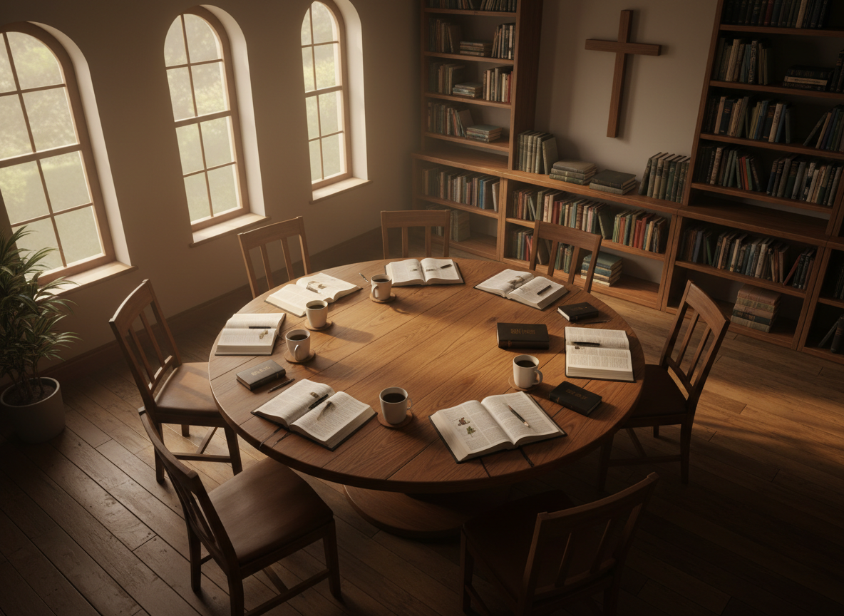 An evocative, sophisticated overhead view of an open Bible or leather-bound books arranged alongside candles, a wooden cross, and scattered papers with handwritten notes — warm golden light, moody shadows, rich textures. No people, no hands, no body parts. Conveys ministry, community study, and collaboration through objects alone.