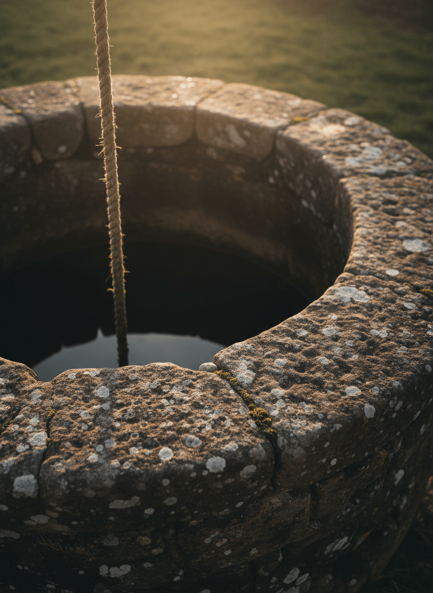 A close-up, atmospheric editorial photograph of an old weathered stone well, focusing tightly on the rough circular stone rim, dark water visible deep below, and a simple rope disappearing into the well. Soft dawn light grazes the worn stones, creating a quiet sense of sustained provision, patience, weariness, and hope. Rustic, contemplative, realistic, muted earth tones with a subtle warm glow. No people, no table, no greenery, no text.